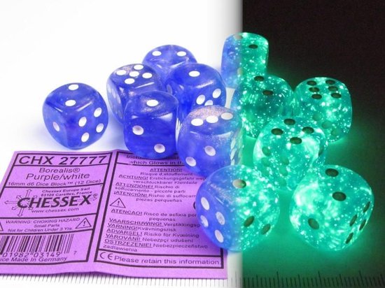 Chessex Borealis D6 16mm Paars/wit Lichtgevende Dobbelsteen Set (12 stuks)