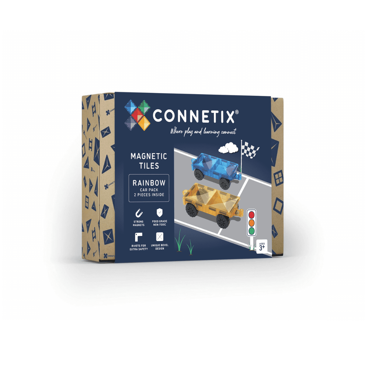 Connetix Rainbow Car Pack – 2 voertuigbasissen met rubberen wielen