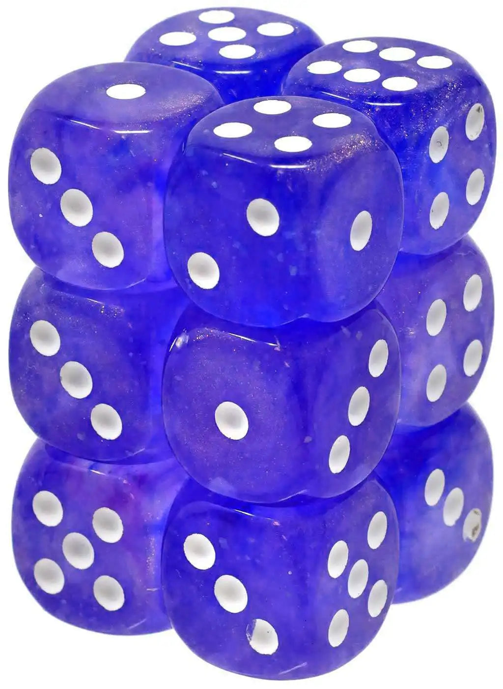Chessex Borealis D6 16mm Paars/wit Lichtgevende Dobbelsteen Set (12 stuks) - De Dondersteen