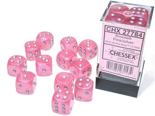 Borealis D6 16mm Pink/silver Luminary Dobbelsteen Set (12 stuks) - De Dondersteen