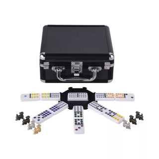 Domino Dubbel 12 Mexican Train in een zwarte aluminium koffer. - De Dondersteen