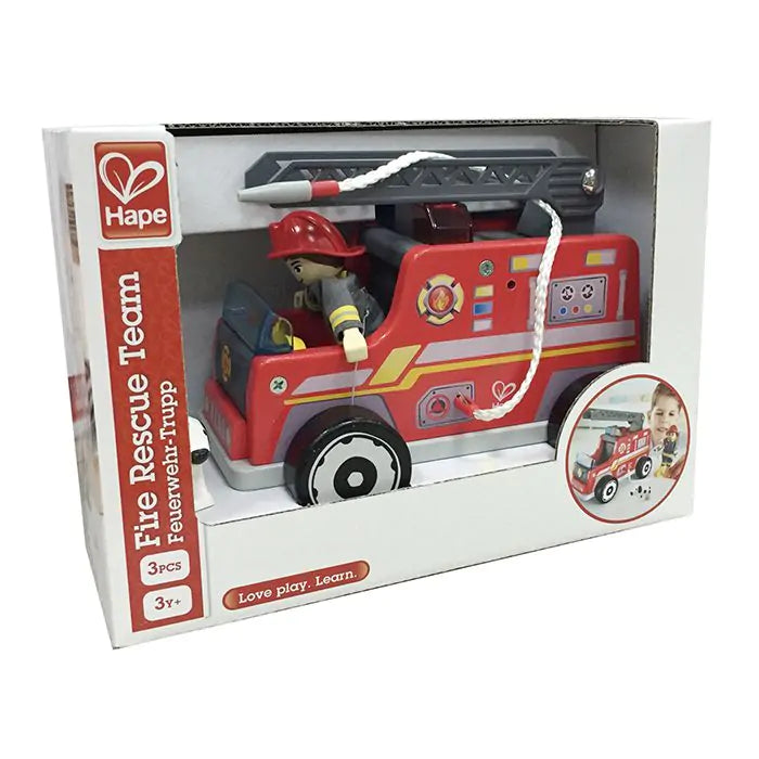 Houten Brandweerauto met Ladder, Brandweerman & Hond | Fire Truck Speelgoed 3+