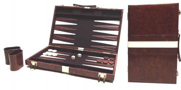 Backgammonkoffer bruin vinyl 46x30 cm - De Dondersteen